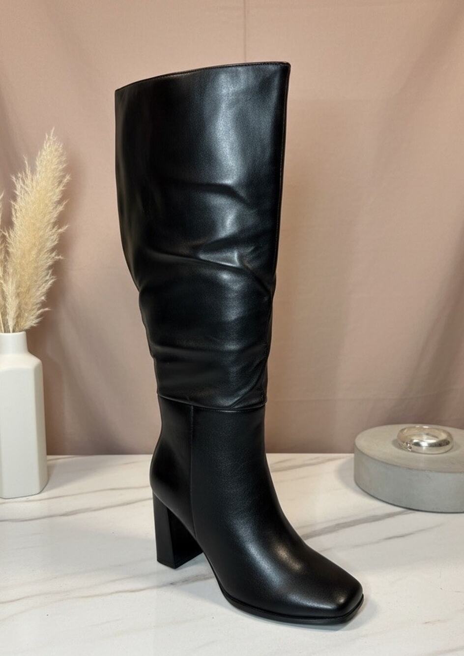 Women's Black Knee High Slouch Boots Square Toe Chunky Heel Tall Size 6.5